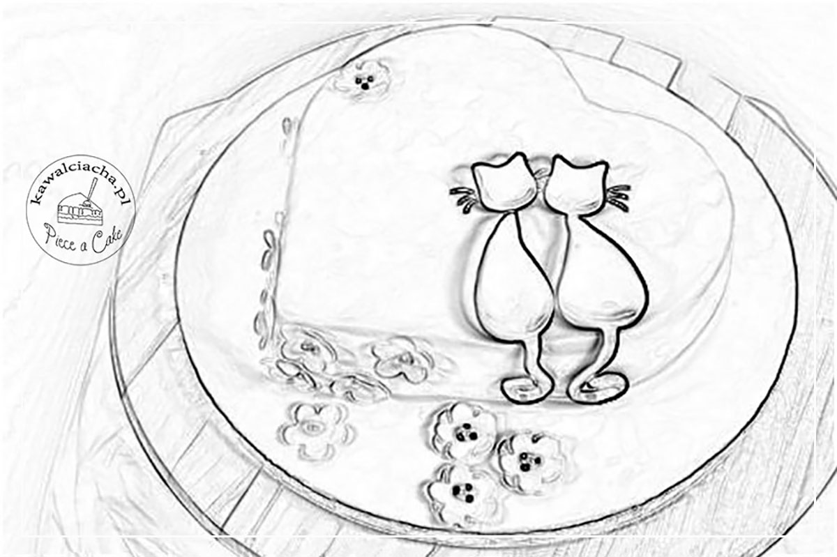 Obrazek: Szkic tortu w kształcie serca z kotami